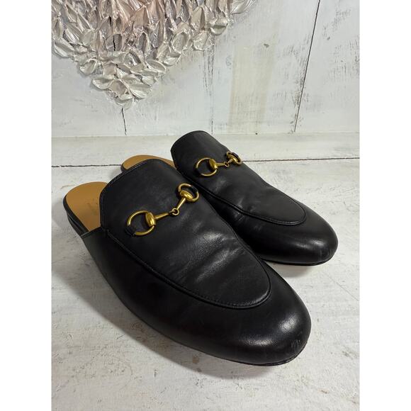Gucci Leather Horsebit Accent Princetown Mules Flat Slippers Black Size 39 US 9 - Picture 1 of 6